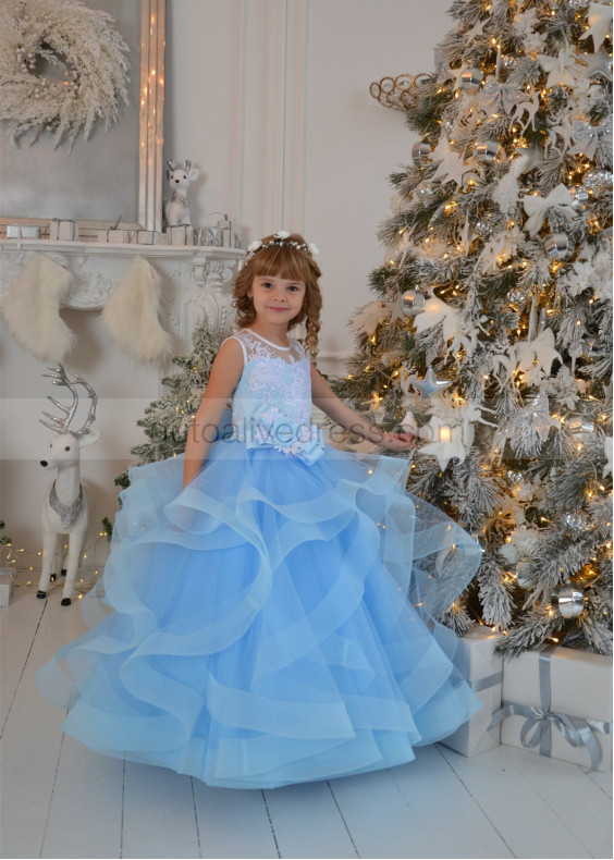 Beaded Sky Blue Lace Tulle Ruffled Flower Girl Dress